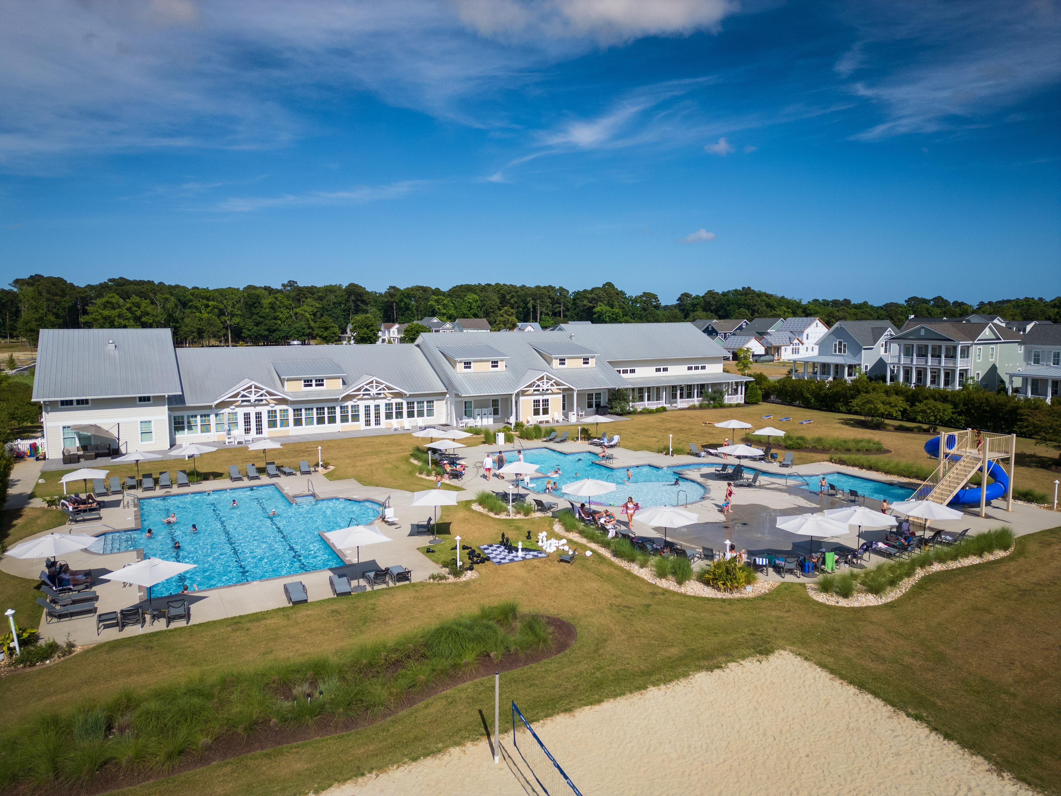 Bay Creek Life Center features two outdoor pools, a lap pool and a family pool with a giant slide and splash zone for children.