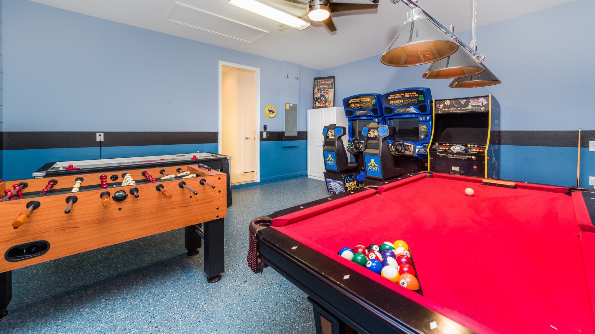 Game Room
Pool Table 
Foosball
Air Hockey
3 Video Arcades
Has AC