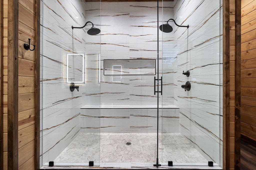 Large stand up shower with dual shower heads