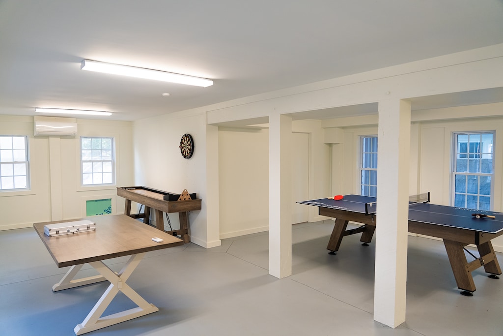 Card table, dart board, shuffleboard, pool table/ping pong table
