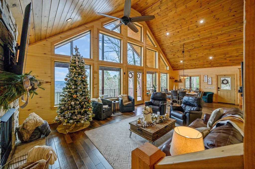 Floor-to-ceiling windows highlight the stunning mountain views