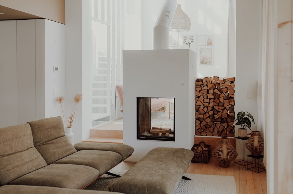 Snuggle up by the sleek, modern fireplace