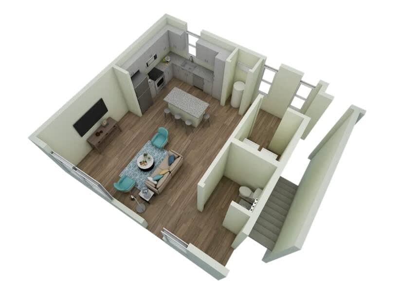 Main Floor plan with kitchen, living room, 1.2 bath and luandry