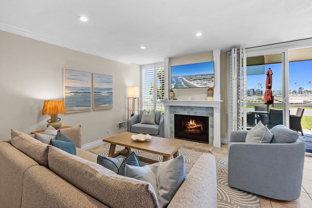 Spacious and inviting living room opens to a private patio with stunning views