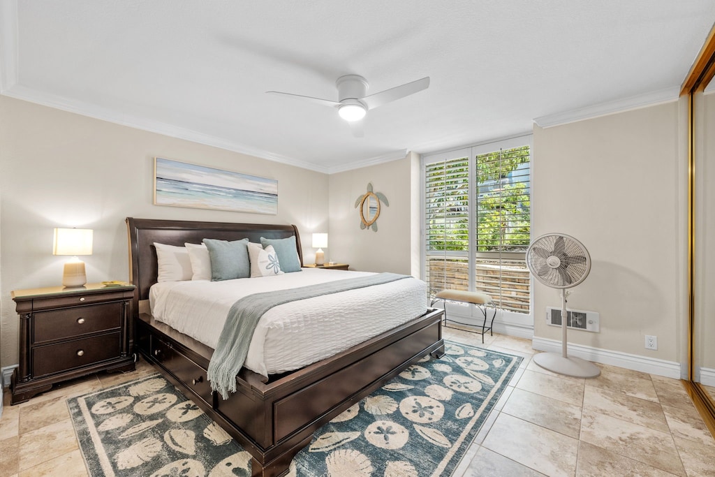Relax in this spacious bedroom with calming decor, natural window light and a breezy beach inspired finishes with ample storage.