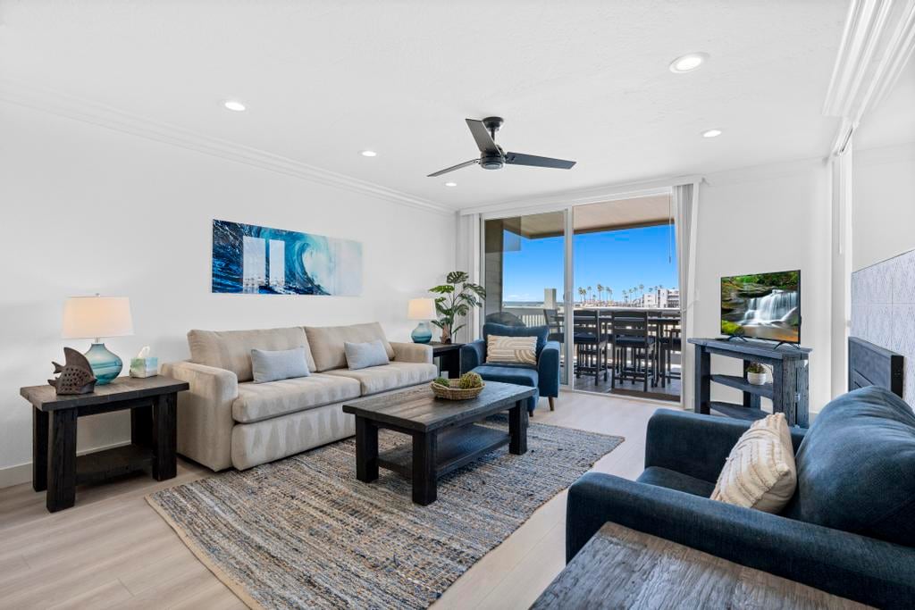 Enjoy a large living room with updated furniture