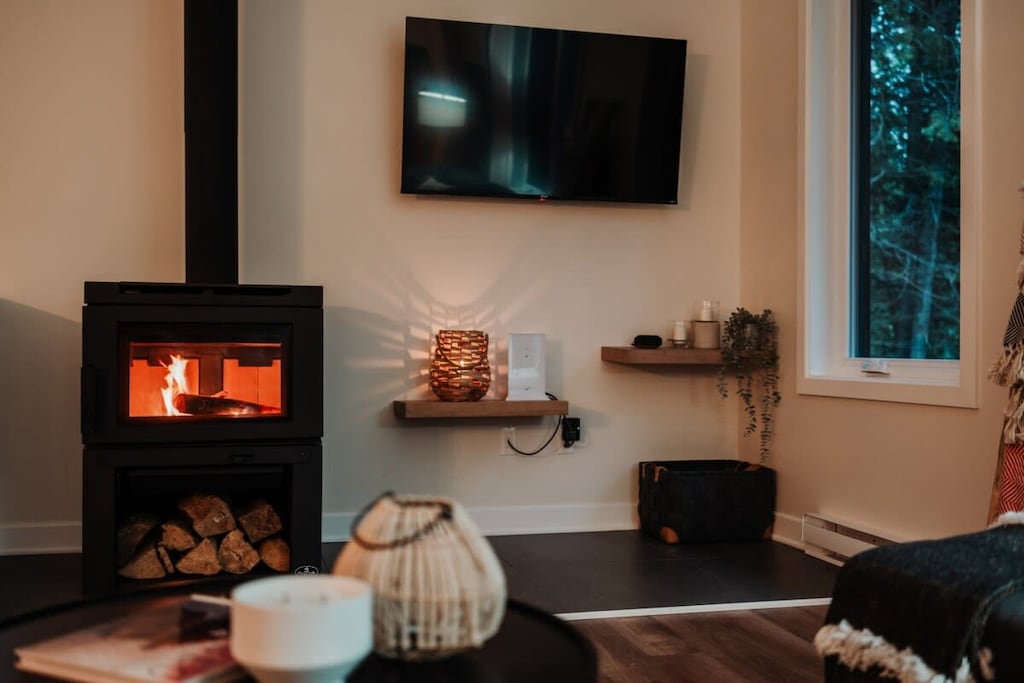 Cozy up by the fireplace.