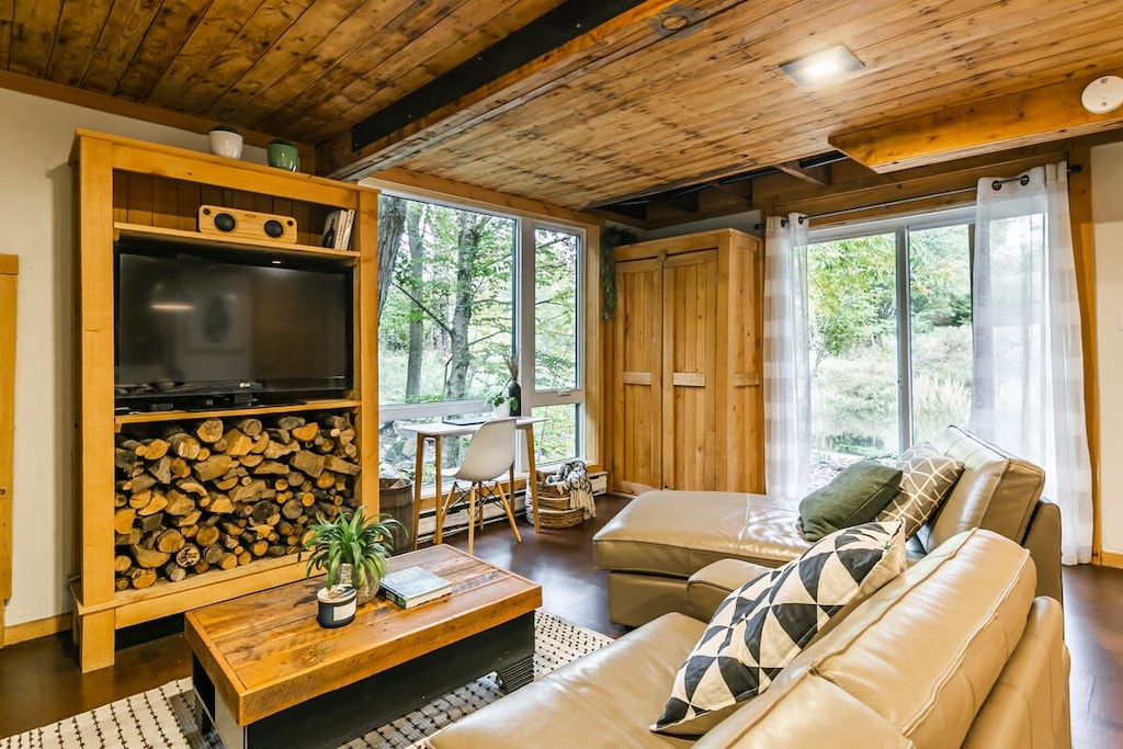 Cozy living room featuring a wood-burning fireplace and television.