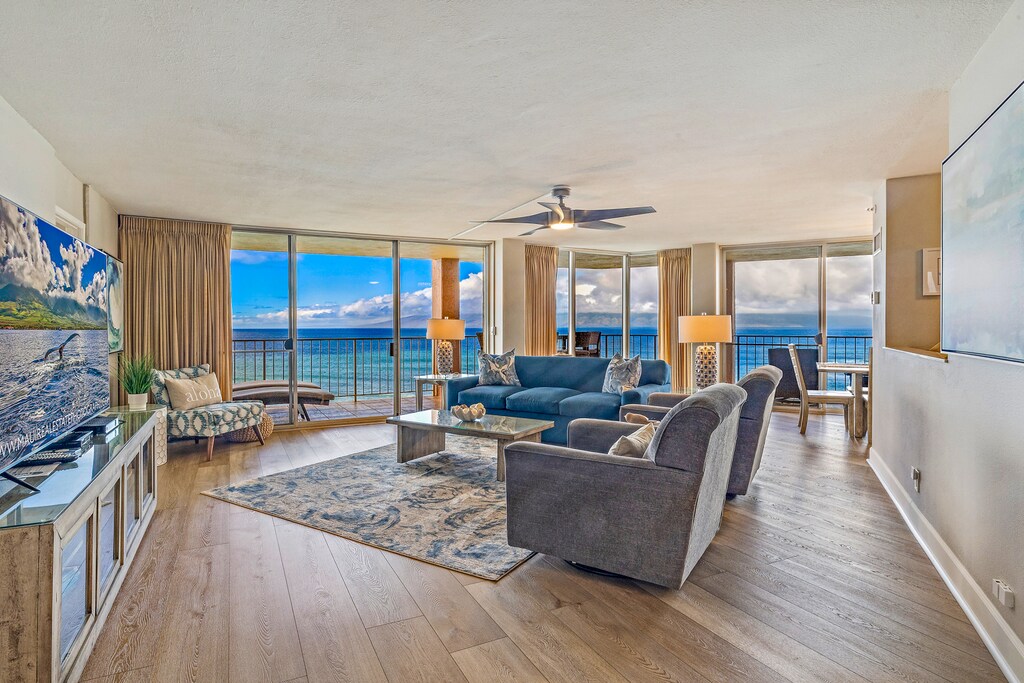 Relax in Royal Kahana 1010's living room with ocean views and direct lanai access.