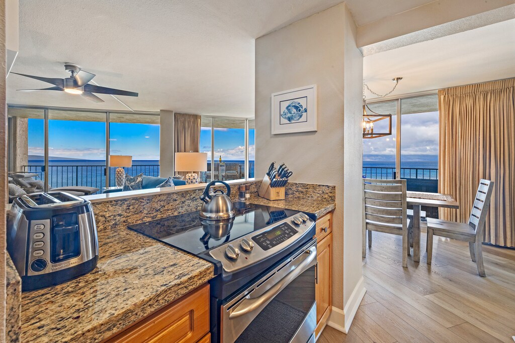 Royal Kahana 1010 kitchen with ocean views, modern appliances, and a convenient layout.