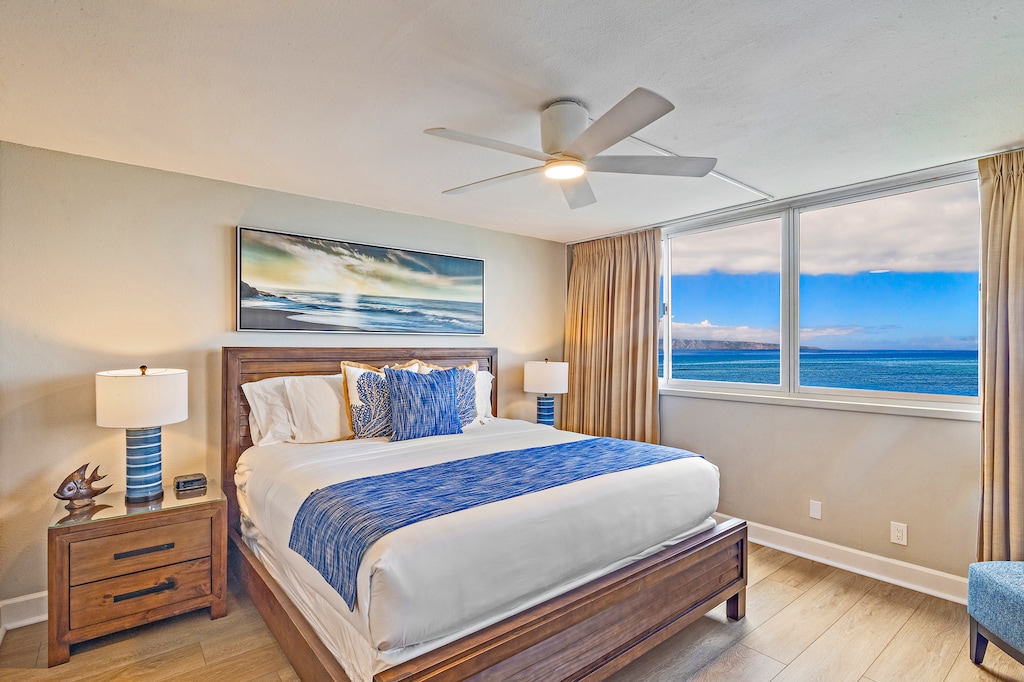 Wake up to breathtaking Pacific views from Royal Kahana 1010’s primary bedroom.