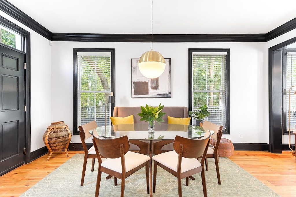 Cozy dining area with seating for six. 