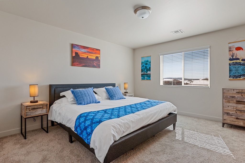 The master bedroom features a king size Nectar foam mattress, a 75" SMART TV, an ensuite bathroom and walk in closet.