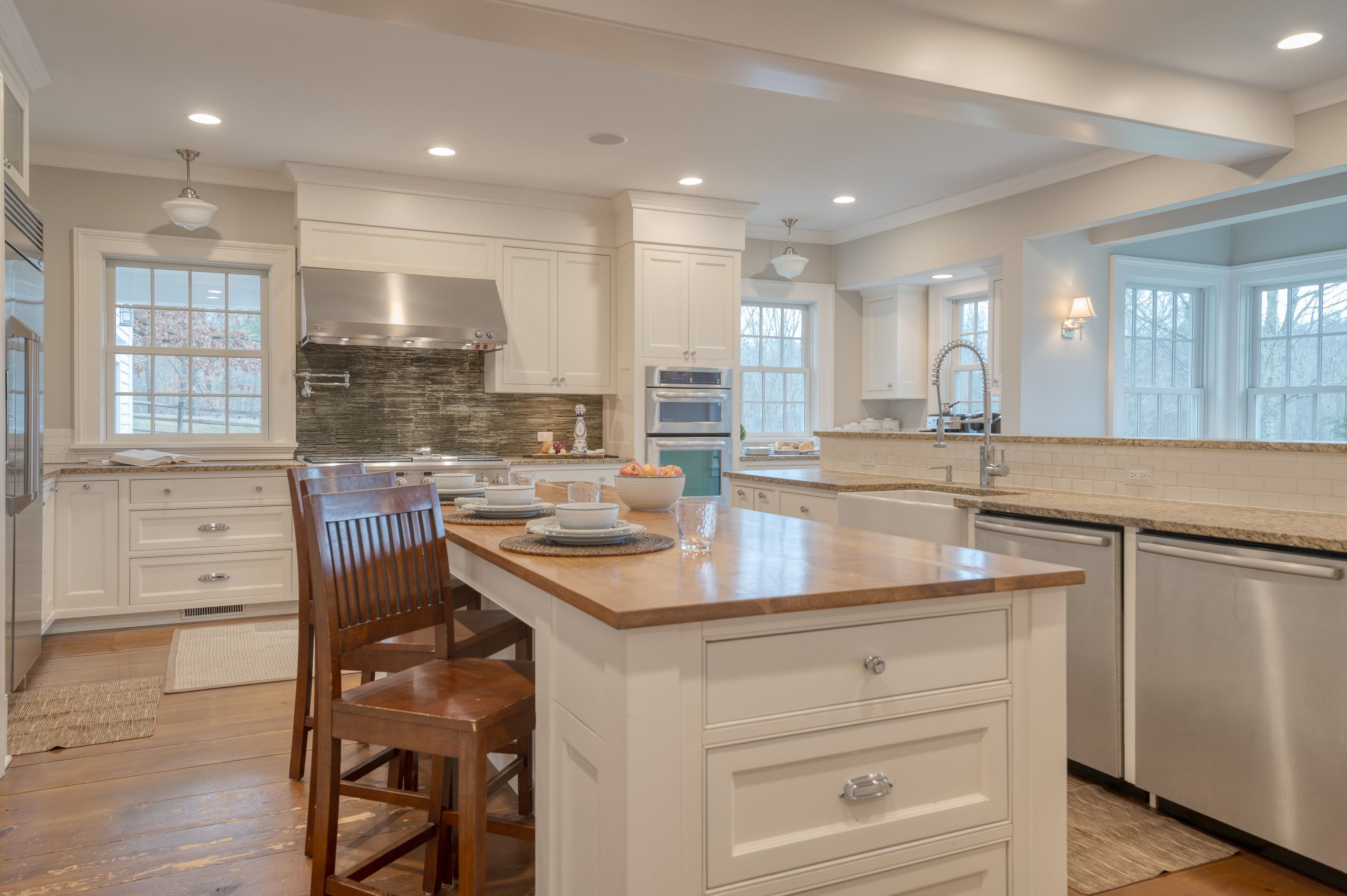 Center island table for meal preparation.