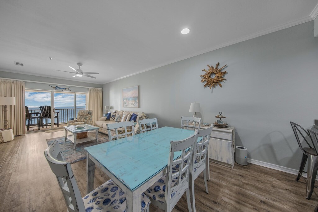 Dining table comfortably seats six.