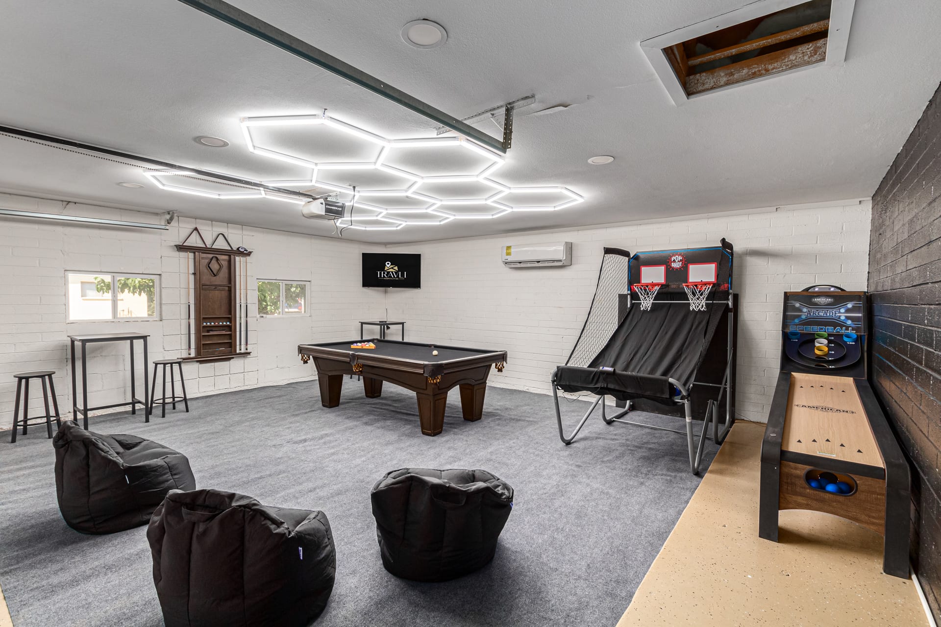 Brand New Garage Gameroom with Pool/Ping Pong, Pop-a-Shot and Skeeball