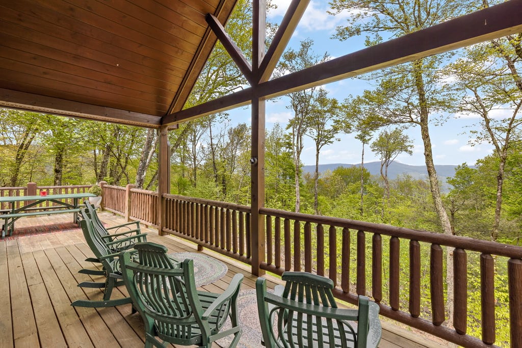 Covered Deck with Rocking Chairs, Views, and Picnic Table