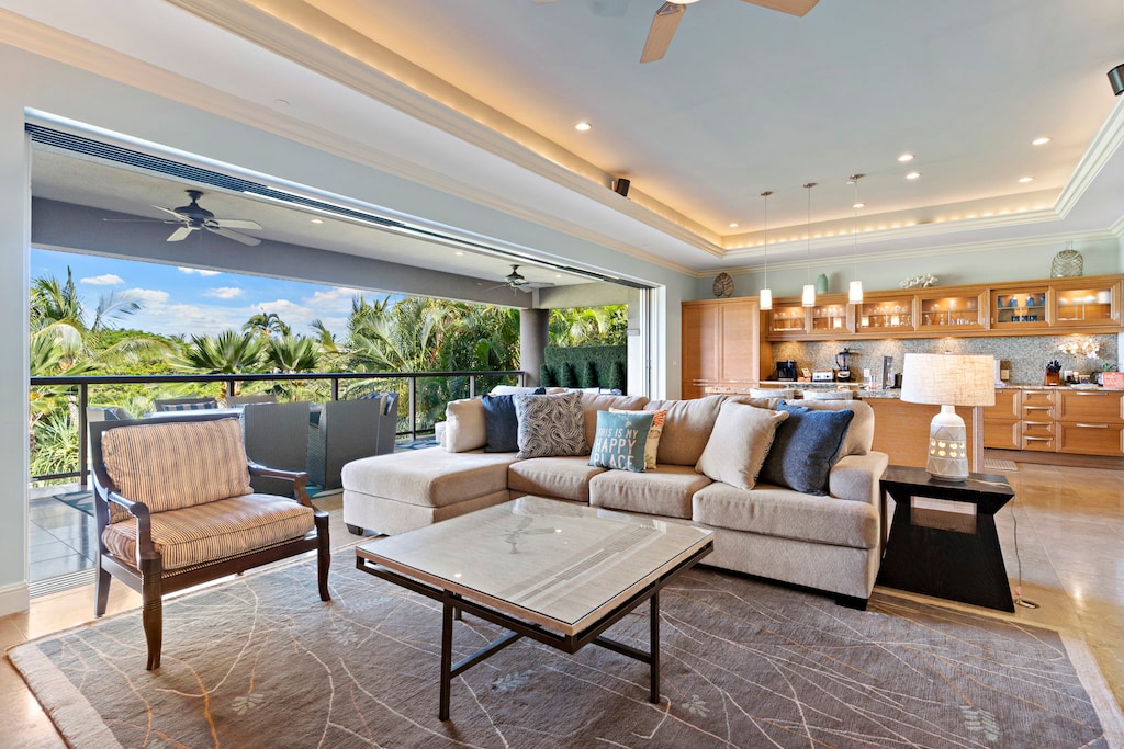 Open-concept living at Wailea Hoolei 93-3 with lush views and seamless indoor-outdoor flow.