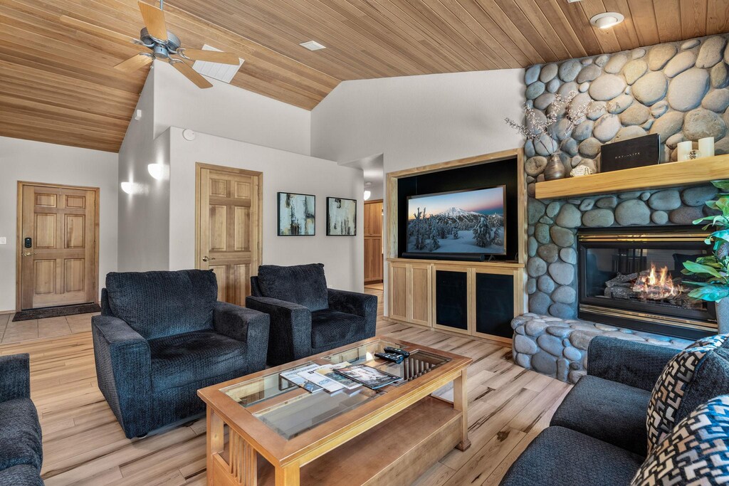 Living Room - Ceiling Fan, Fireplace, Smart TV, and Comfortable Seating