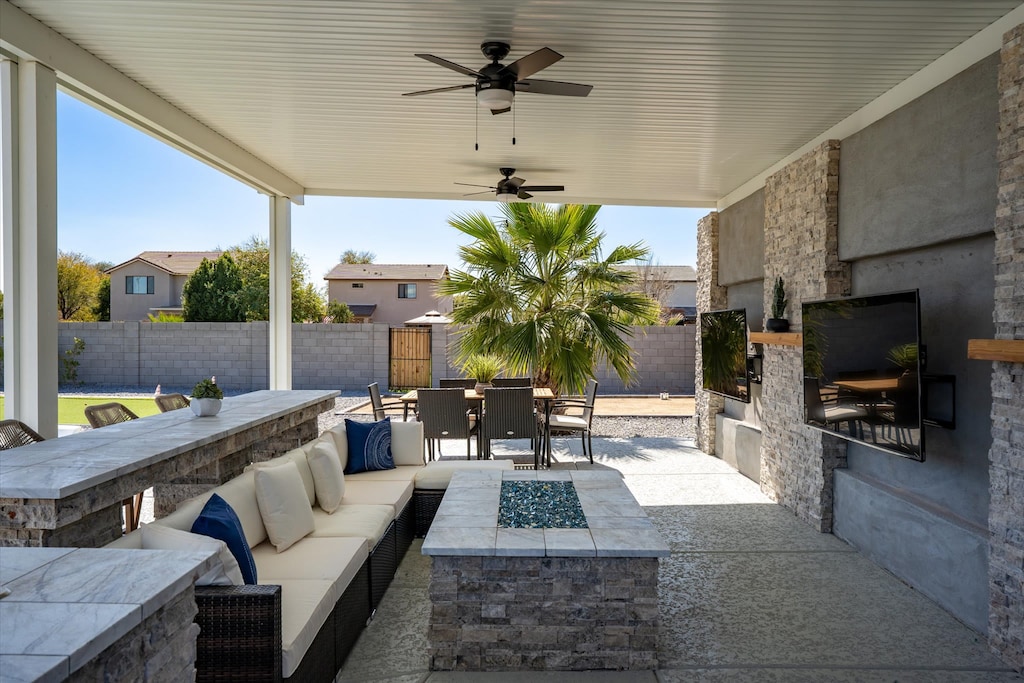 Gazebo seating with Smart TV's, fans, BBQ grill, and fire pit