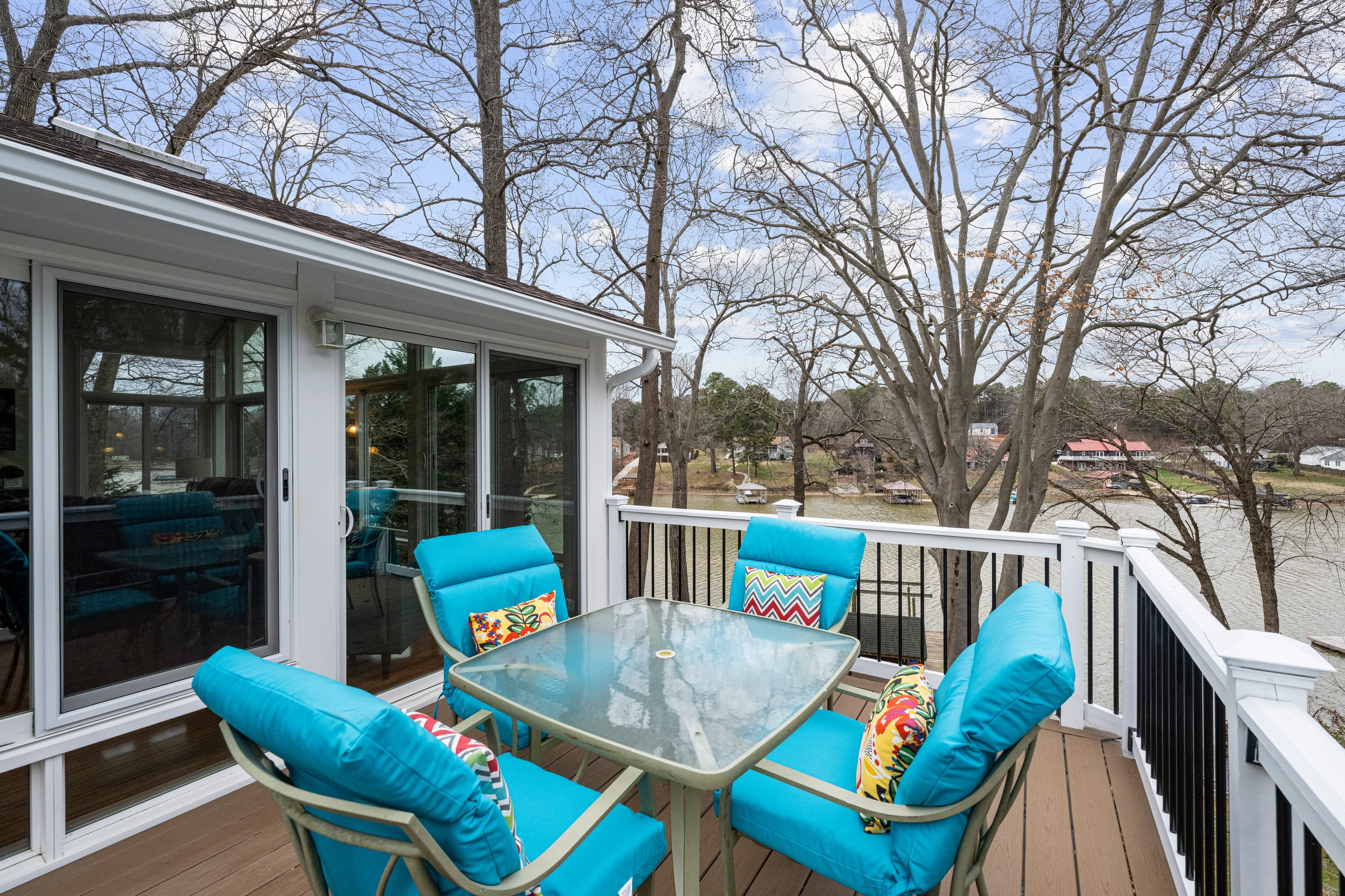 Cushioned seats to lounge on the outdoor deck.