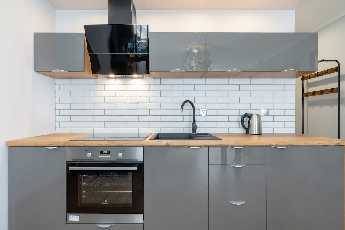 Kitchenette with an induction hob, kettle, oven and fridge.