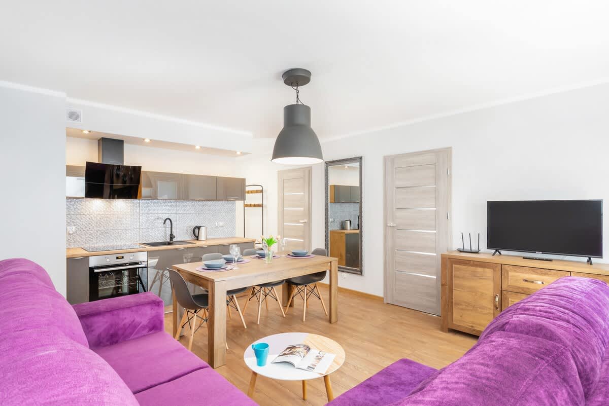 Living room with a cable TV, fold-out sofa bed, dining area with a kitchenette.