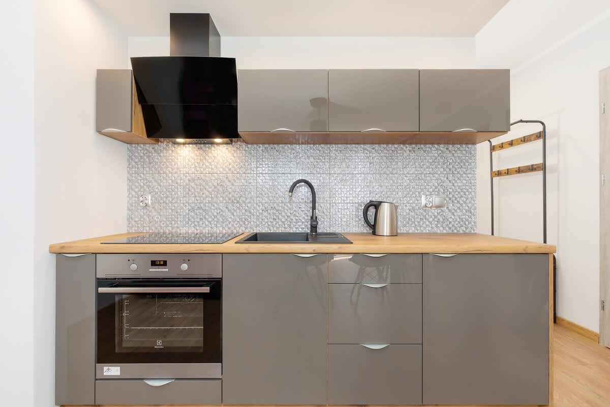 Kitchenette with an induction hob, kettle, oven and fridge.