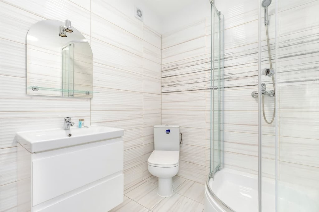 Bathroom with a shower, toilet, sink, mirror and hair dryer.
