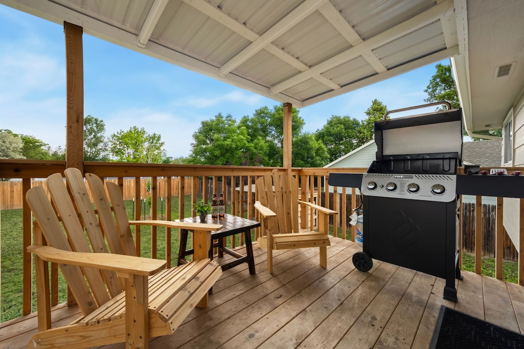 Covered Deck with Grill and Adirondack Chairs | Overlooks the Fenced Yard!