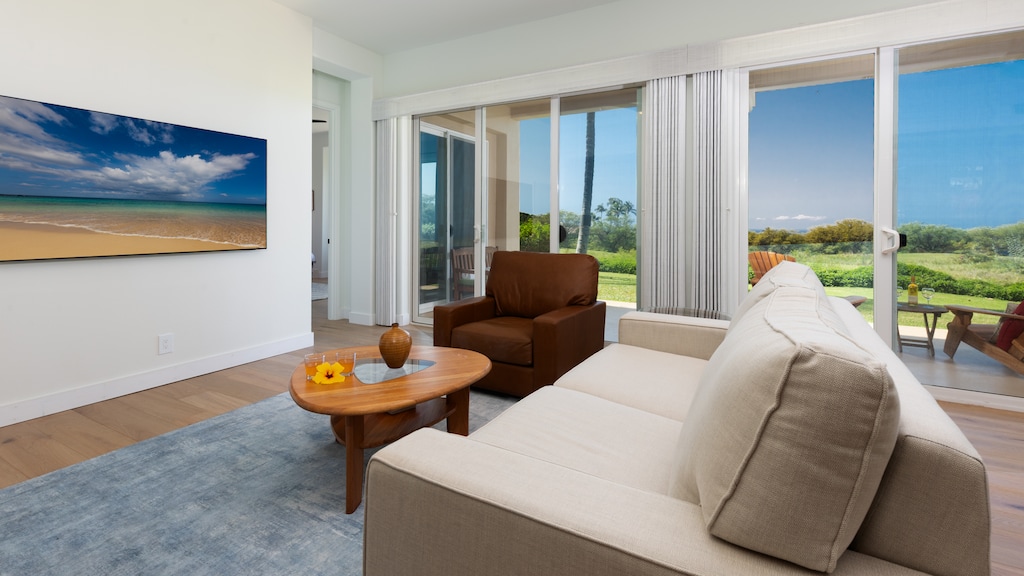 Comfortable newly updated  living room with Ultra HD TV
