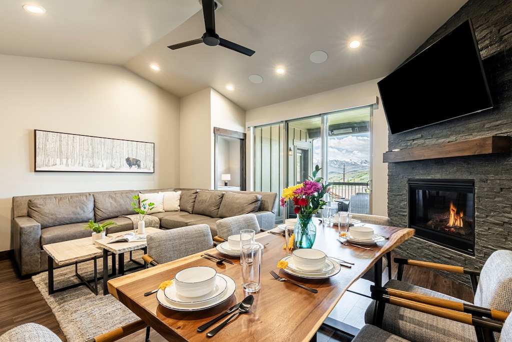 Main level great room with natural light and views