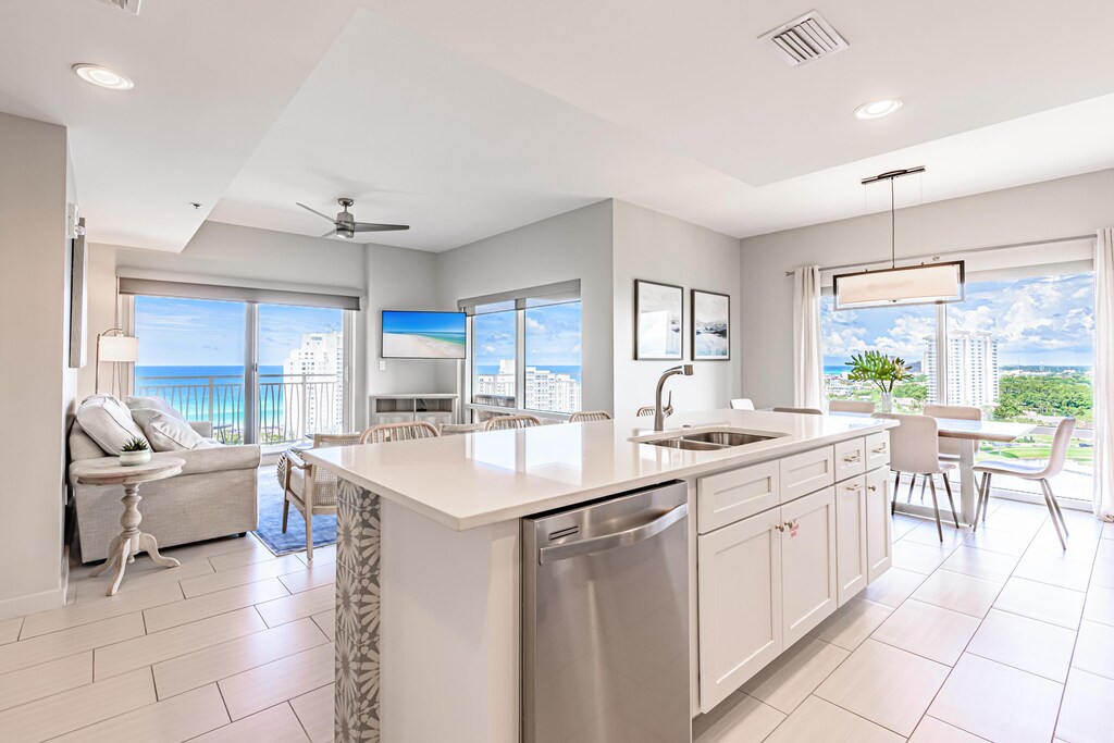Living Room, Dining Room and Kitchen With A View