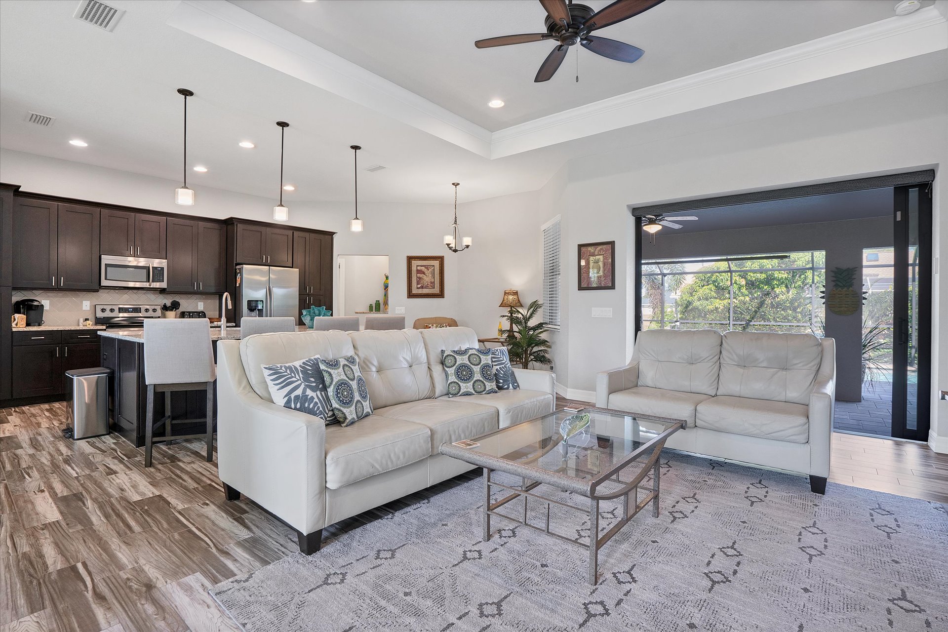 Beautiful open living space overlooking private pool & spa