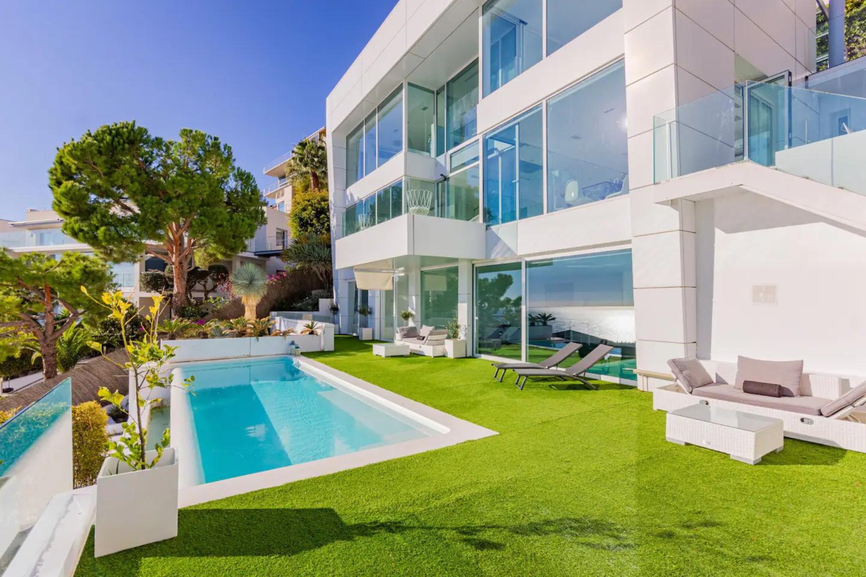 Interior facade, outdoor swimming pool and solarium area.