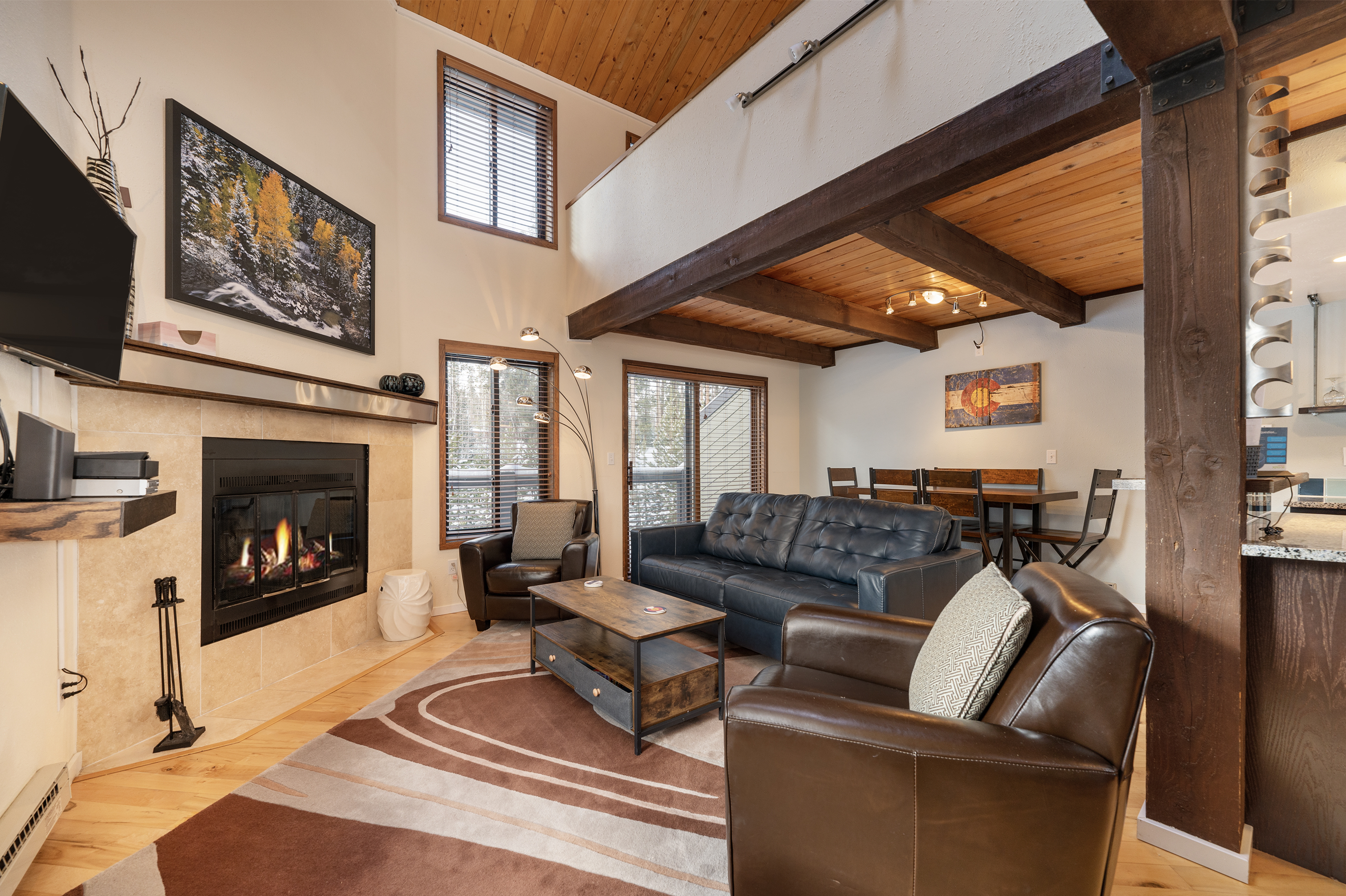 A cool and modern living room with a vaulted ceiling, a Primary suite loft style bedroom