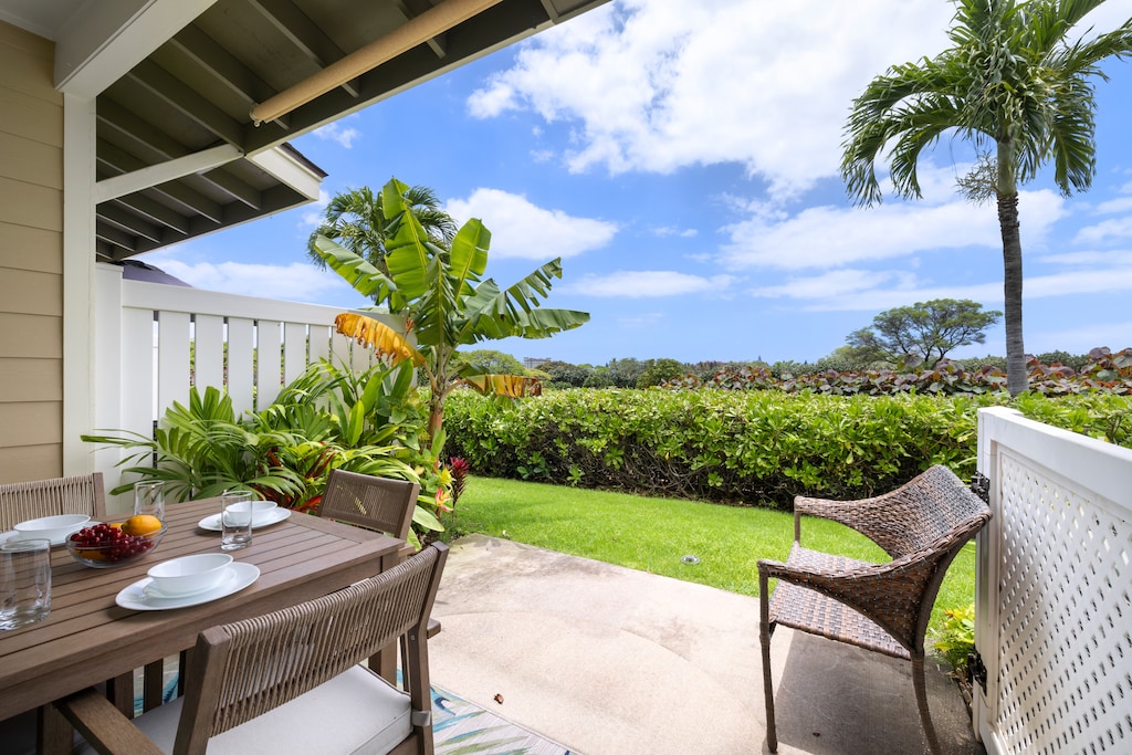 Enjoy a meal or a drink on the lanai while taking in the lush garden views.
