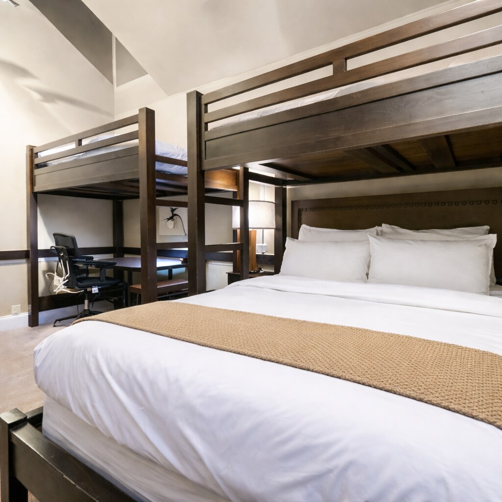 Spacious bedroom with a plush king bed, cozy bunk area, and dedicated workspace. Perfect for families or groups seeking comfort, flexibility, and a restful stay in Park City.