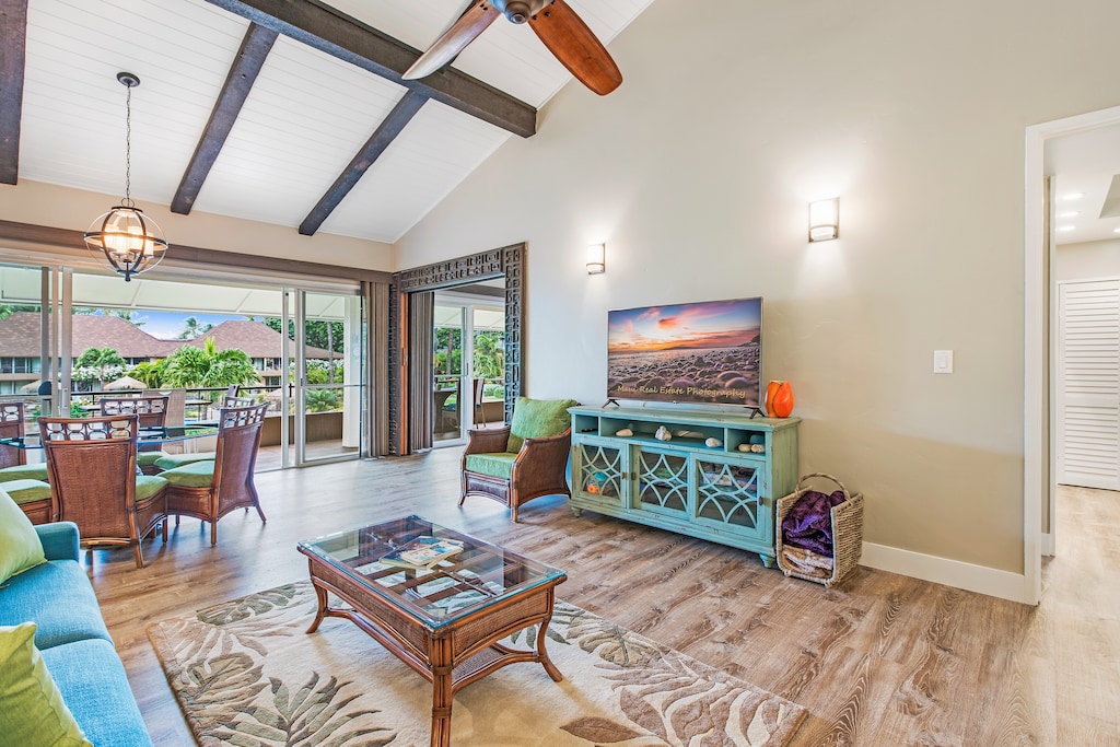 Unwind in the cozy living space at Maui Kaanapali Villas 292 after a day of island adventure.