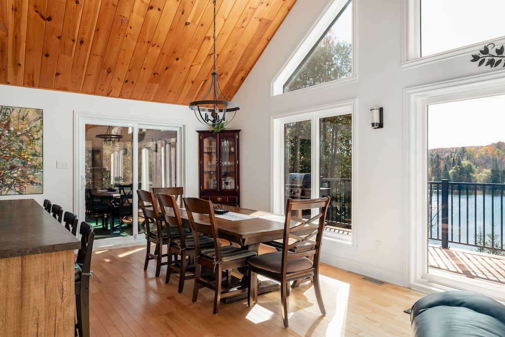 Cathedral ceilings and windows that frame the view