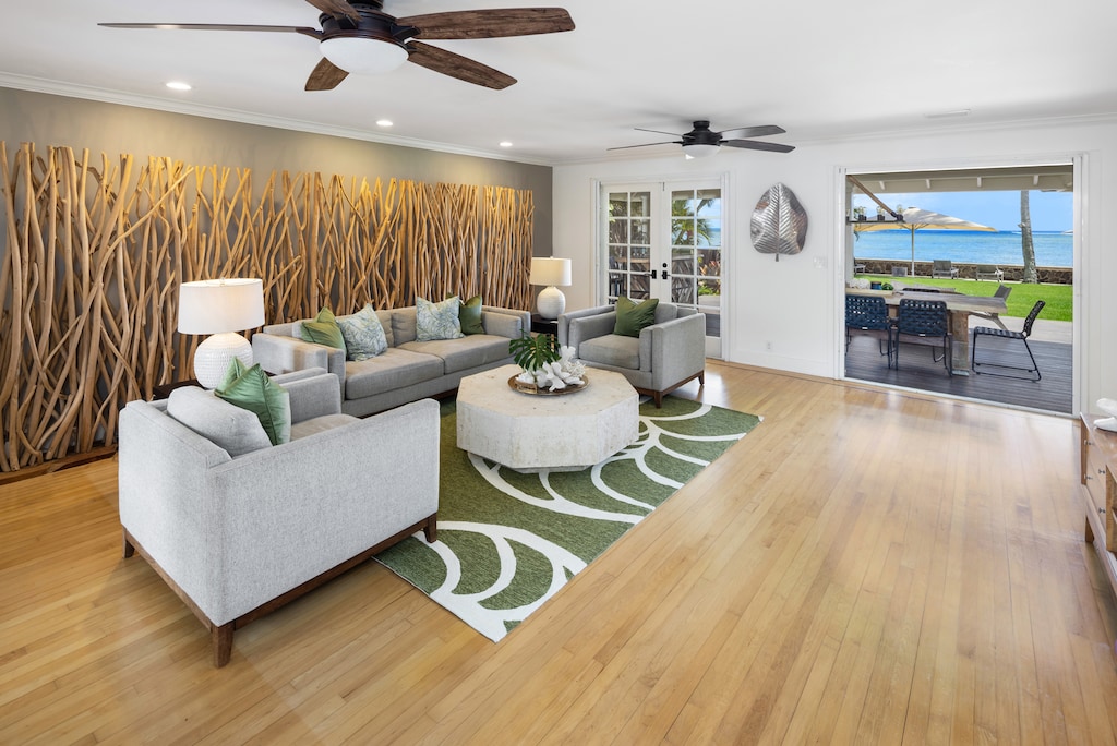 Stylish living room with modern furnishings and warm wood accents.