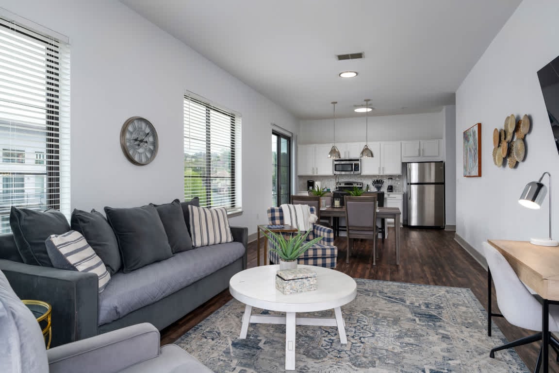 Comfortable living room, with connected kitchen and dining area