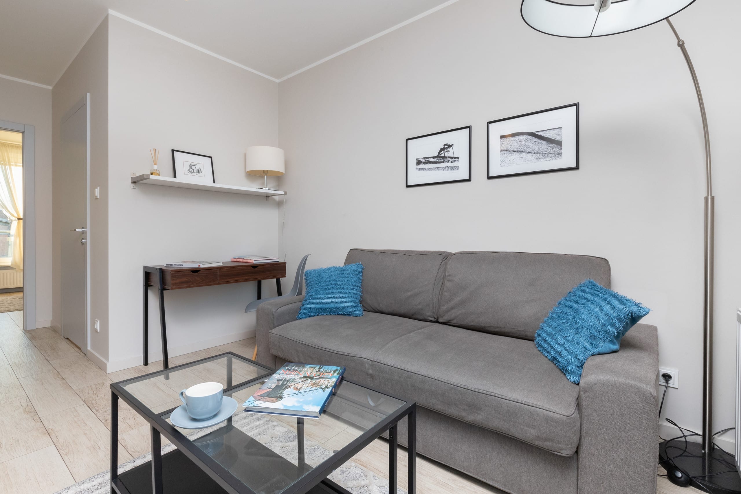 Functional living room with grey sofa bed and coffee table. Functional living room with grey sofa bed and coffee table.