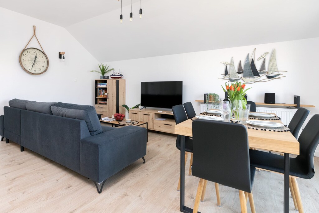 Comfortable, fold-out sofa in the living room. 