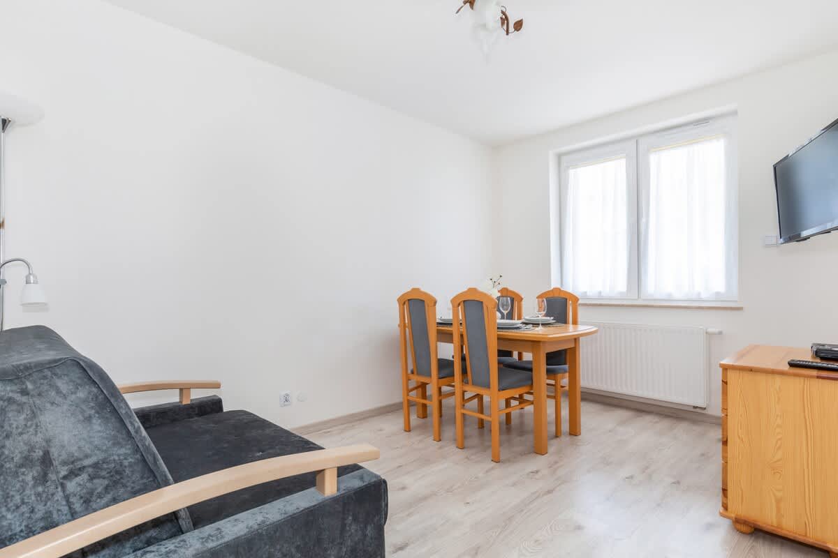 Bright and elegant living room with double sofa bed, wooden dining table, television, and cabinet for handy trinkets.