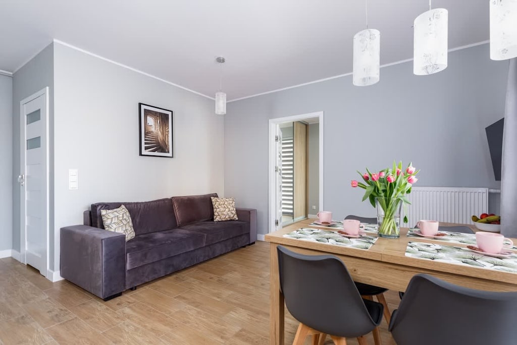 Living room with a fold-out sofa, television and dining area.