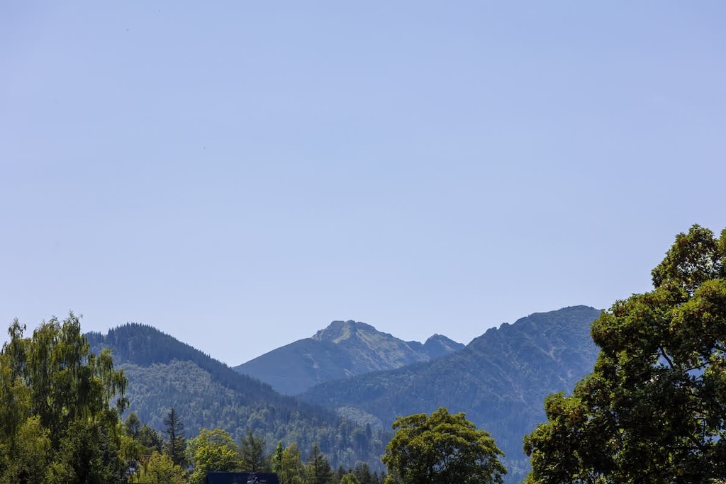A scenic view of green mountains under a clear blue sky. Perfect for nature lovers and hikers.