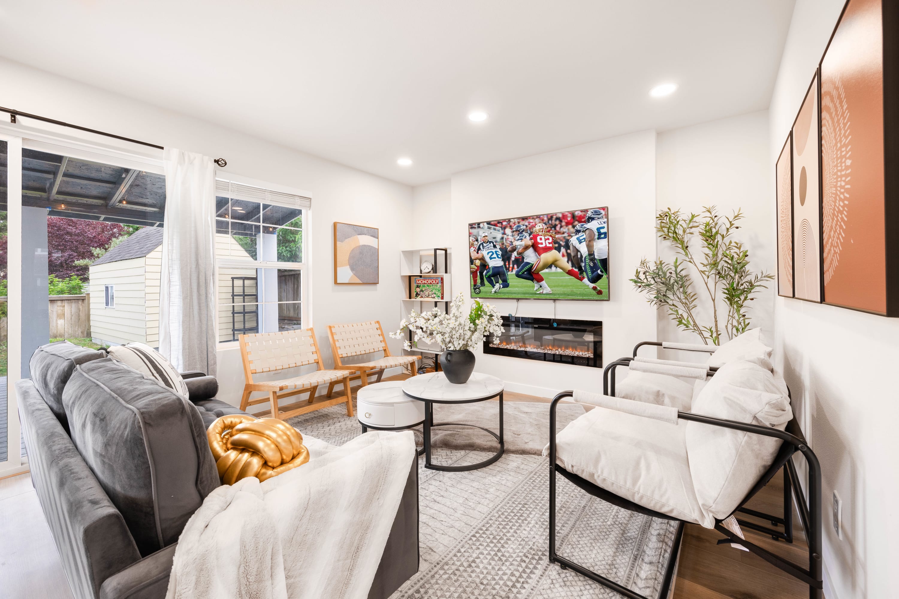 Enjoy a movie night or board games in our spacious living room, designed for comfort and entertainment.