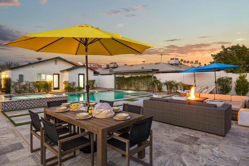 Pool Courtyard with al fresco dining, fire pit, pool and spa.