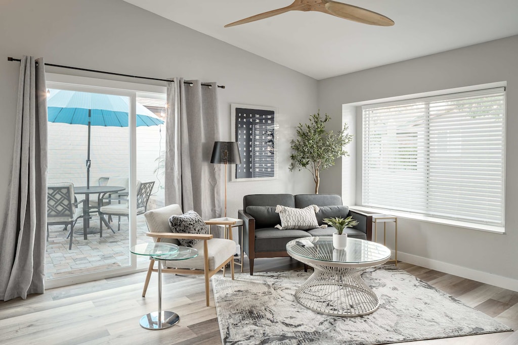 Plenty of natural light graces the modern living room.